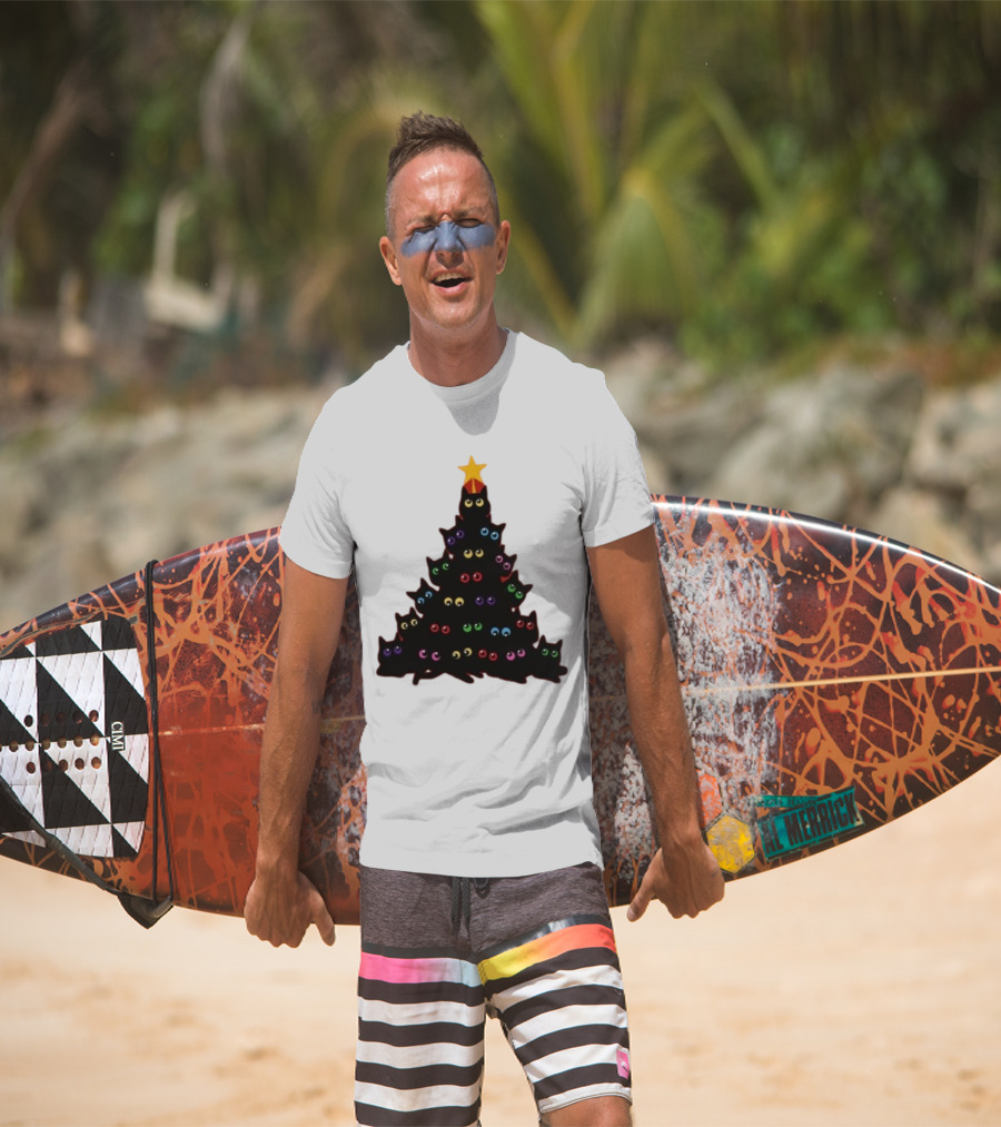 Cat Christmas Tree With Colorful Eyes And Star Top T-Shirt