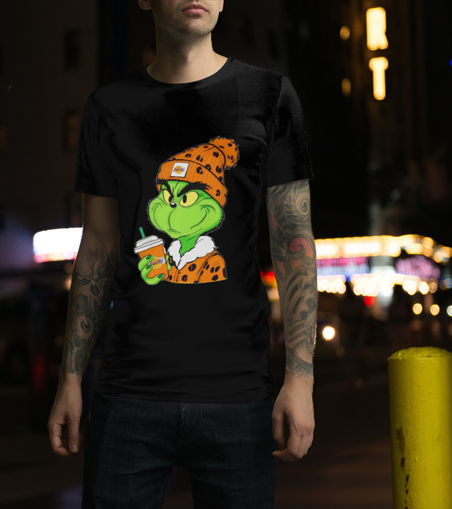 Grinch Drinking Los Angeles Lakers Cup Wearing Beanie T-Shirt
