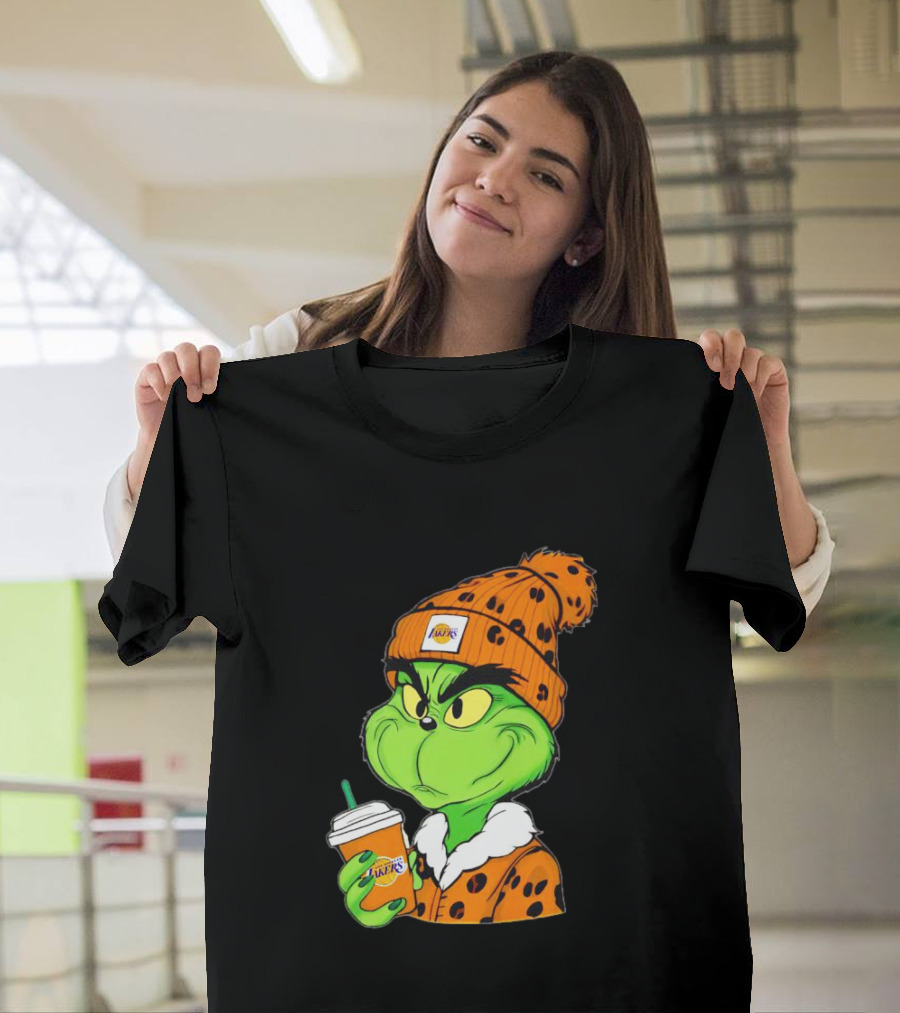 Grinch Drinking Los Angeles Lakers Cup Wearing Beanie T-Shirt