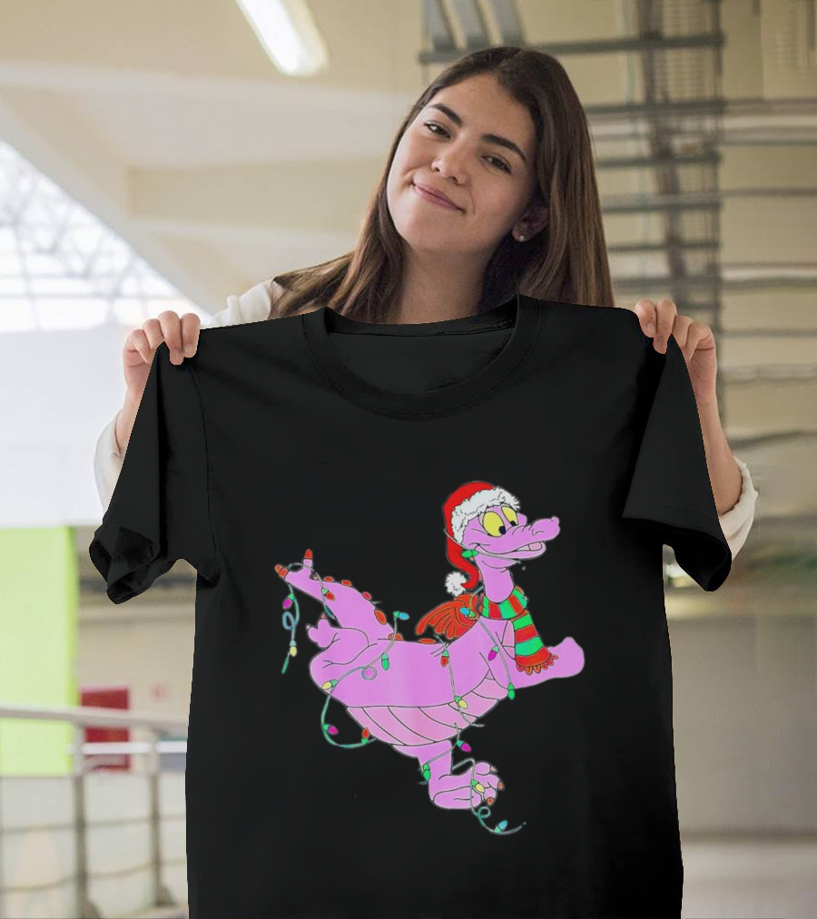 Dragon Figment In Santa Hat Wrapped In Christmas Lights T-Shirt