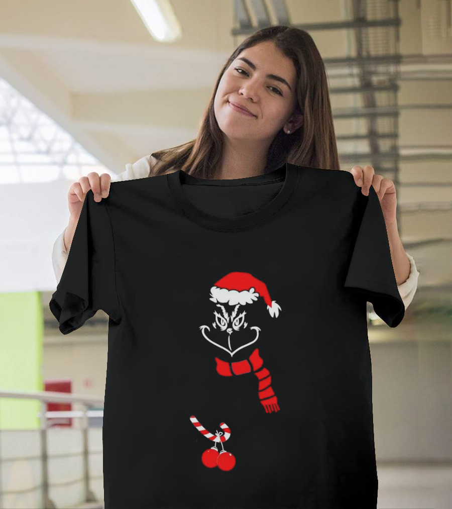 Grinch Santa Hat Scarf Candy Cane Christmas Balls T-Shirt