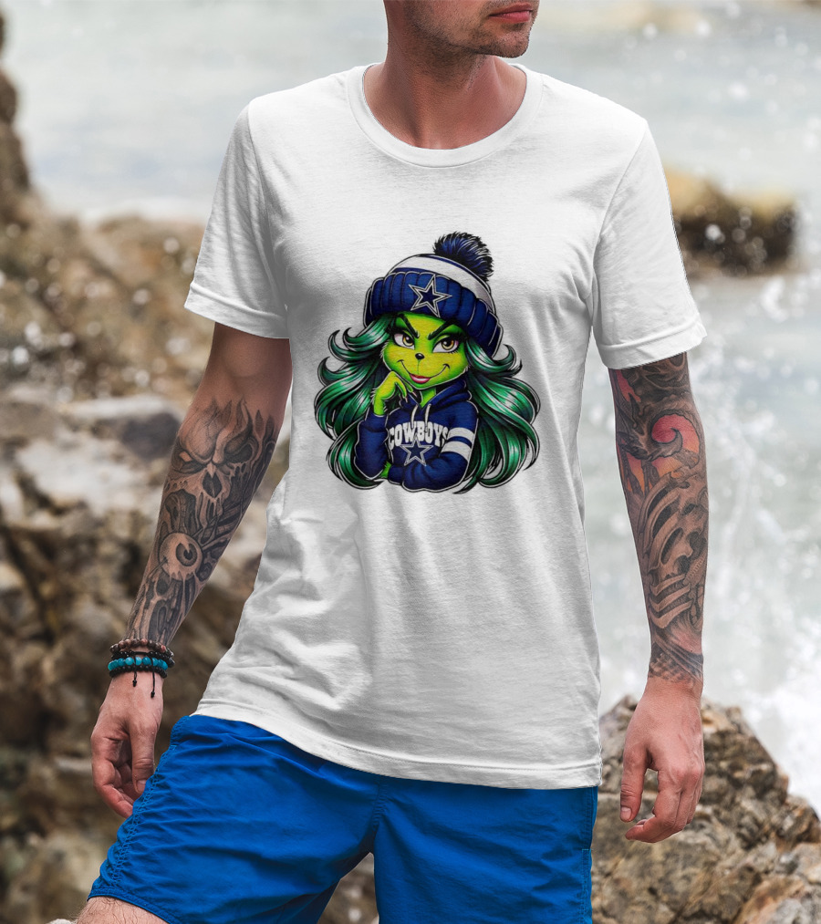 Grinch Girl In Dallas Cowboys Hat And Hoodie With Star T-Shirt