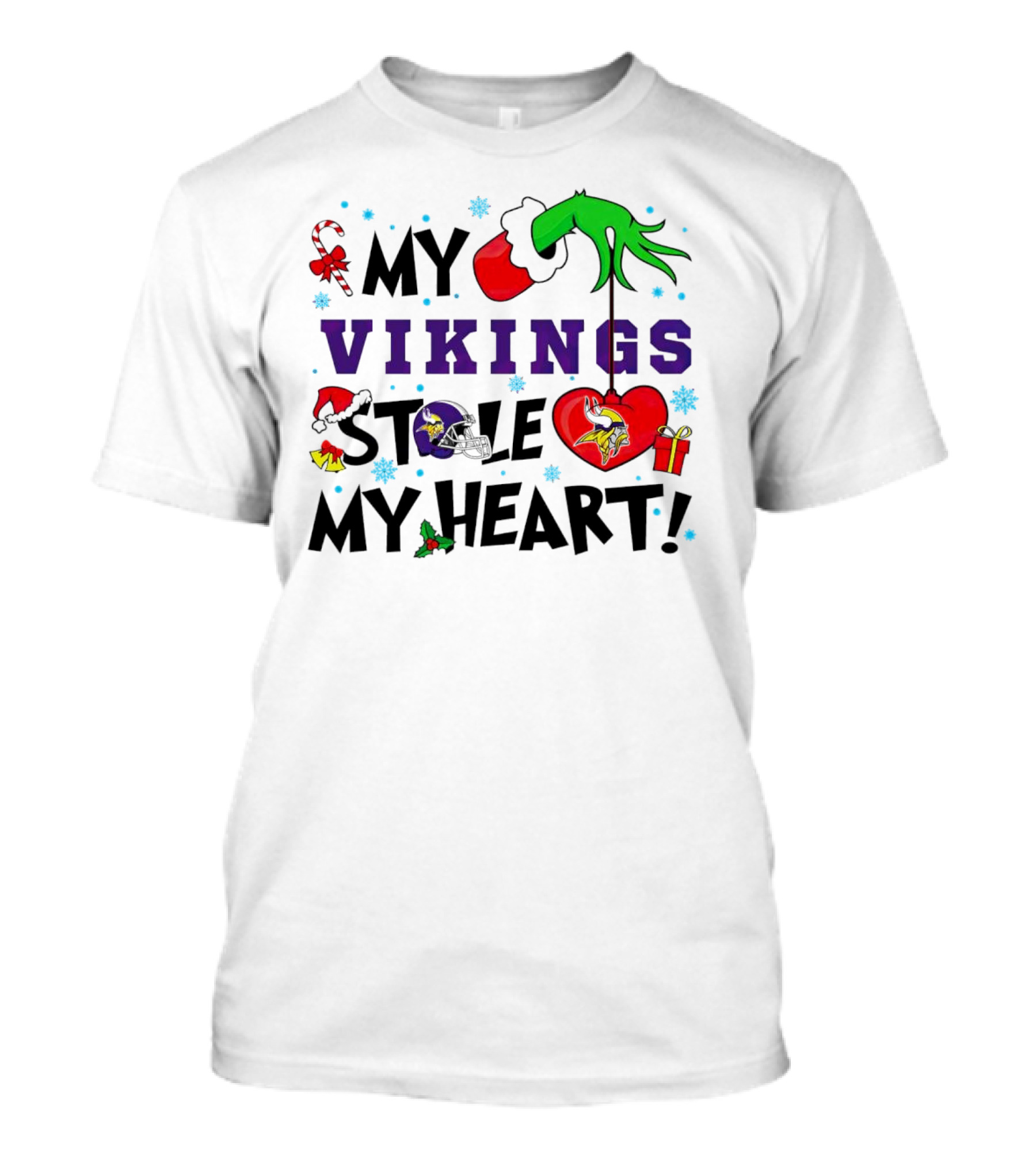 Grinch Hand Holding Heart My Vikings Stole My Heart Christmas T-Shirt