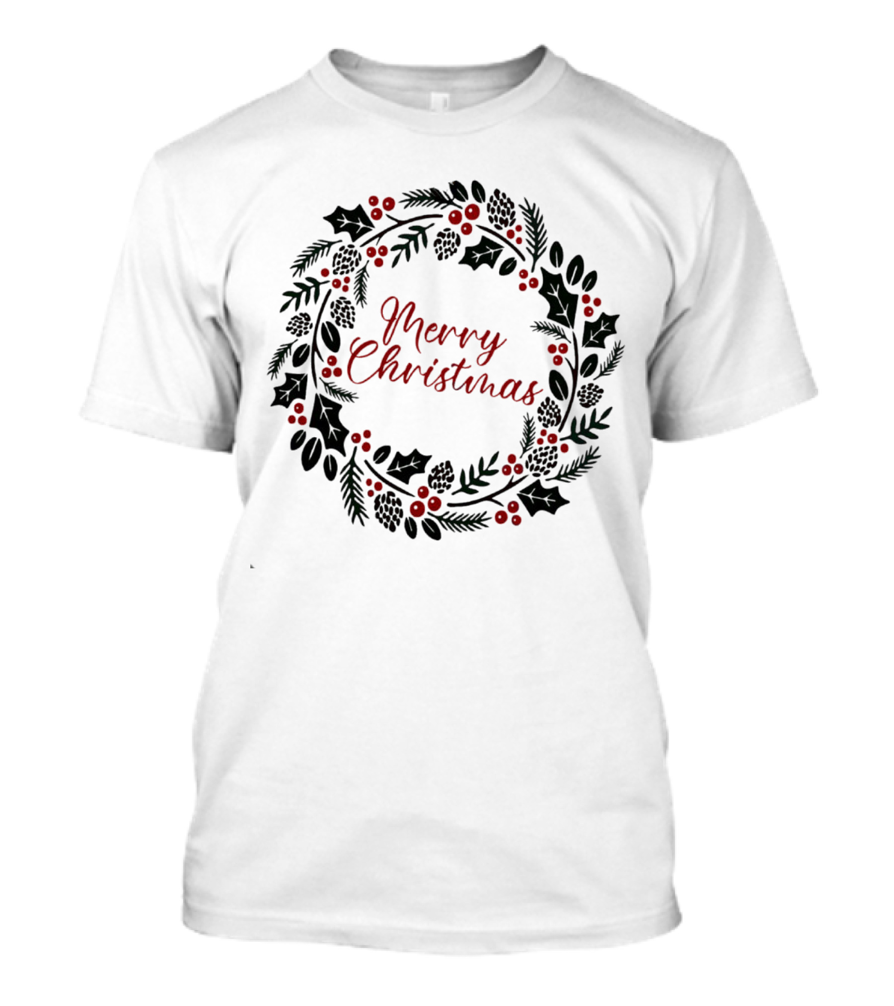 Merry Christmas Wreath With Pinecones And Holly T-Shirt