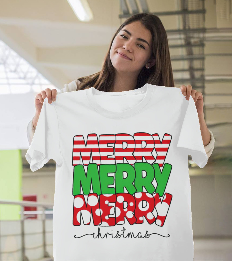 Merry Merry Merry Christmas Stripes and Polka Dots T-Shirt