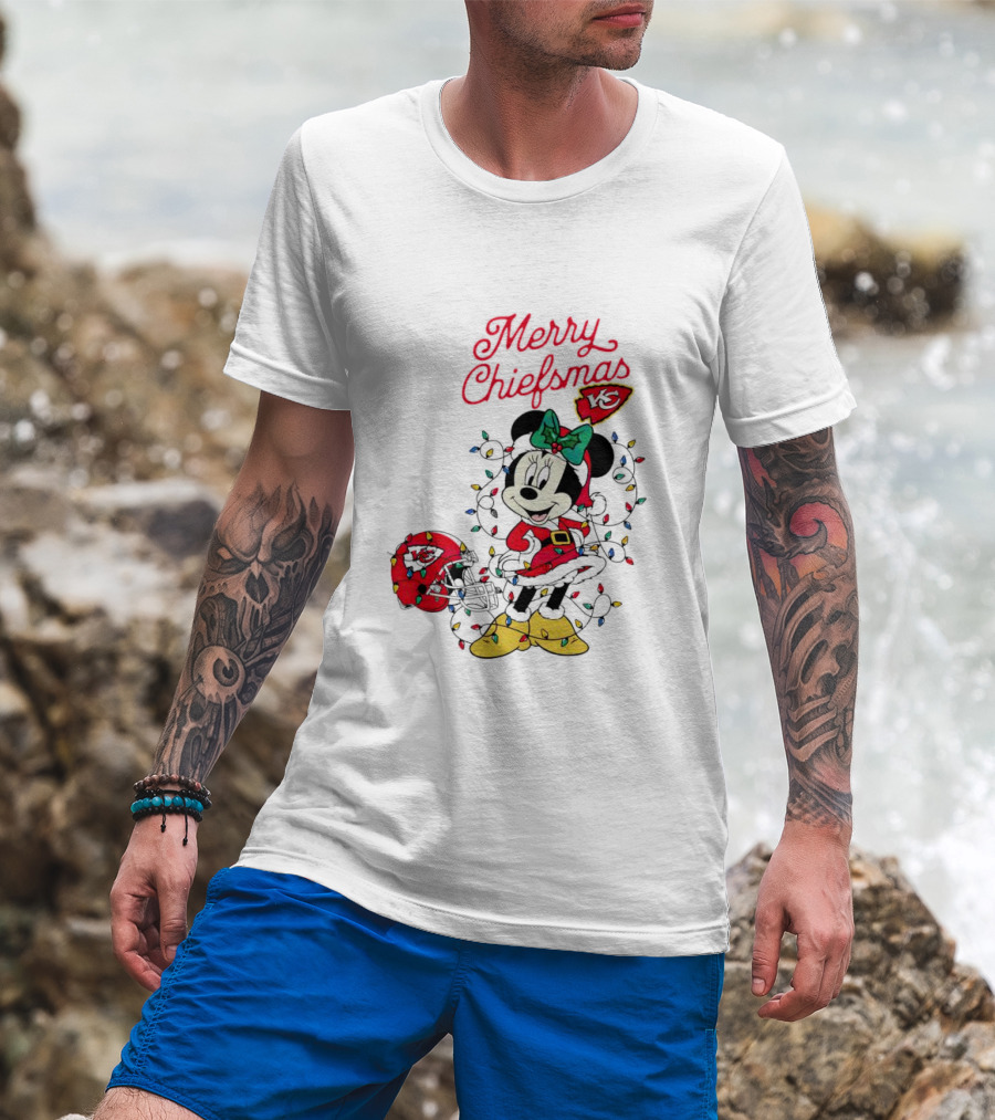 Merry Chiefsmas Minnie Mouse Kansas City Football Christmas Lights Helmet T-Shirt