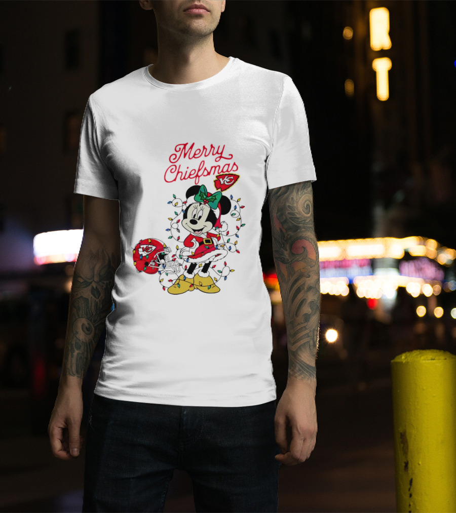 Merry Chiefsmas Minnie Mouse Kansas City Football Christmas Lights Helmet T-Shirt