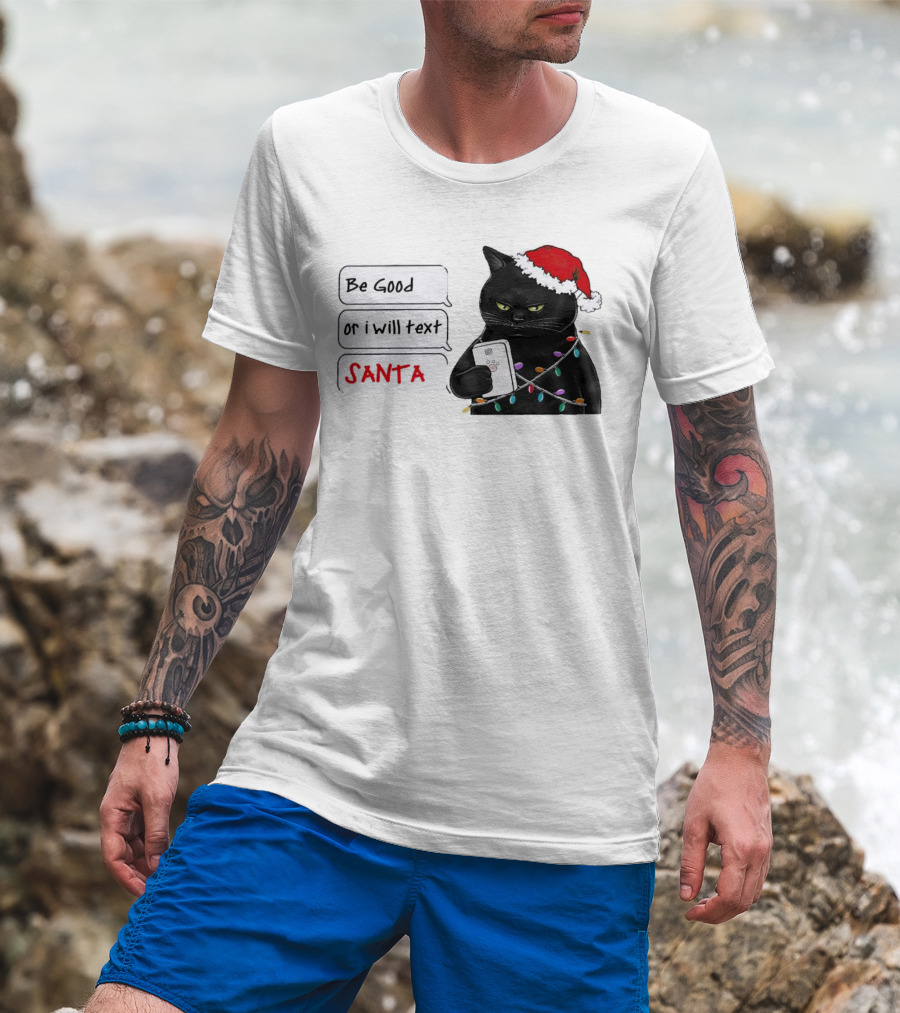Black Cat Be Good Or I Will Text Santa Christmas Lights Hat T-Shirt