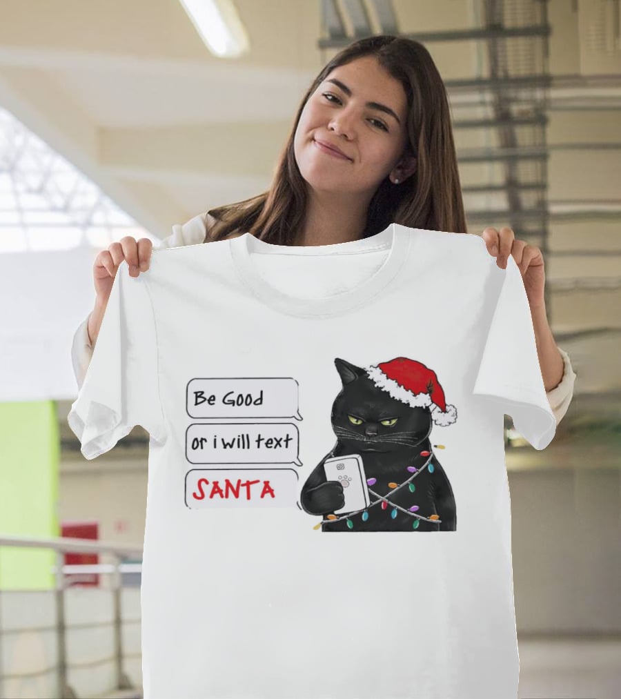 Black Cat Be Good Or I Will Text Santa Christmas Lights Hat T-Shirt