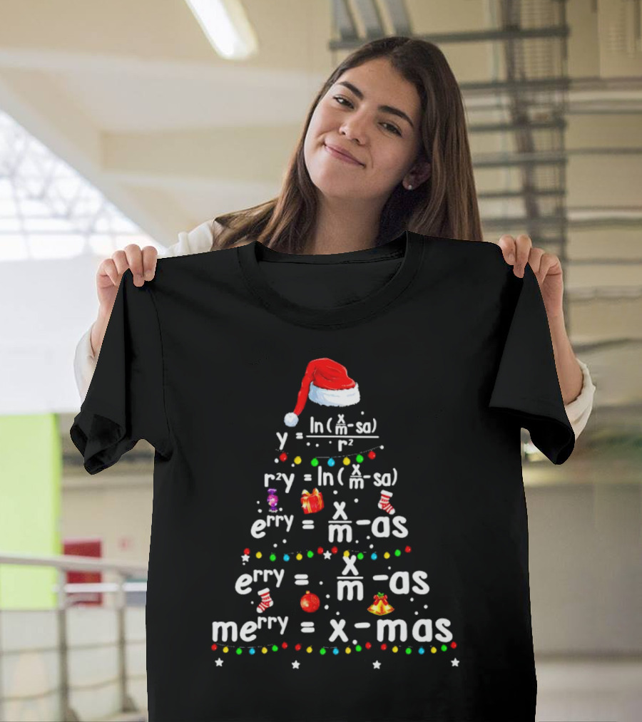 Merry Christmas Tree Math Equations In Santa Hat Form With Holiday Icons T-Shirt
