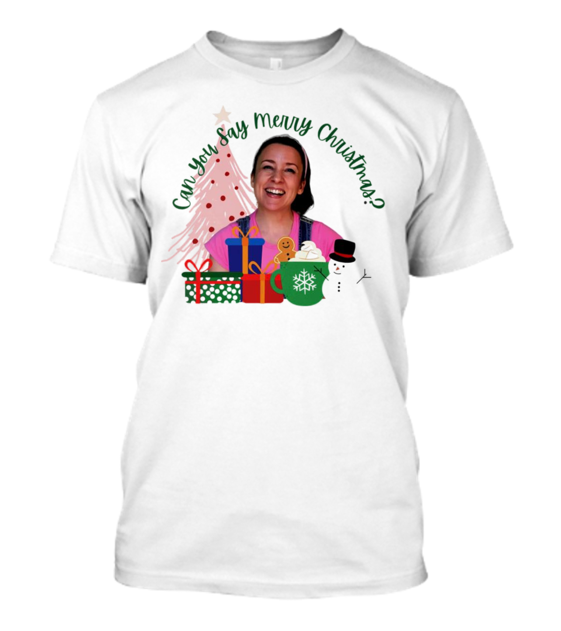 Miss Rachel Can You Say Merry Christmas Joyful Scene With Tree And Gifts T-Shirt