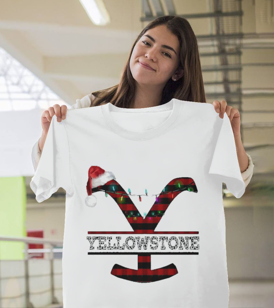 Yellowstone Christmas Santa Hat Lights Buffalo Plaid T-Shirt