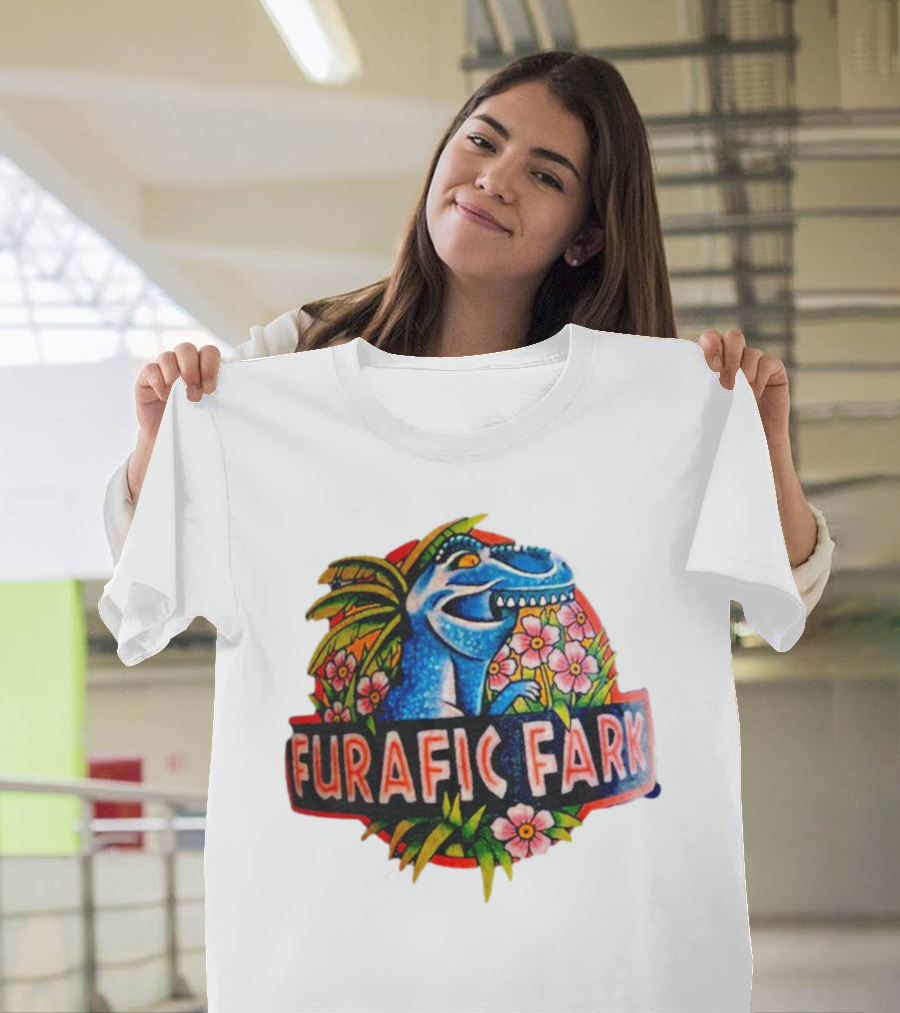 Furafic Fark Dinosaur with Tropical Flowers and Palm Leaves T-Shirt
