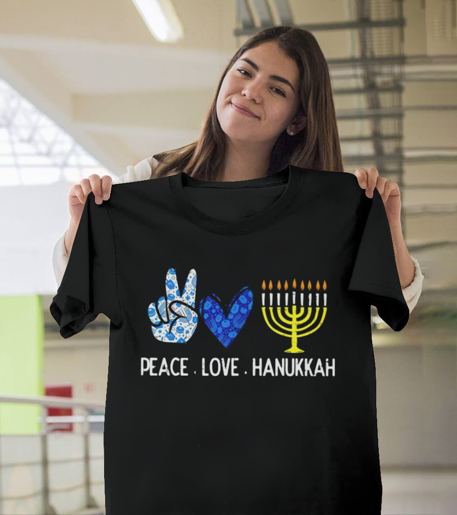 Peace Love Hanukkah Menorah Symbol Blue T-Shirt