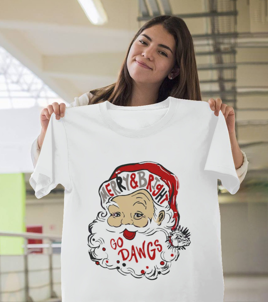 Merry and Bright Santa Claus Go Dawgs Georgia Bulldogs Christmas T-Shirt