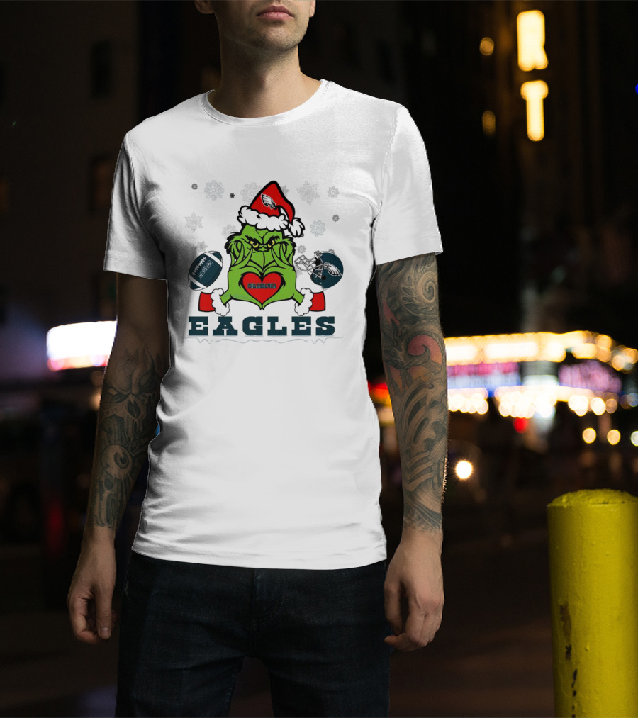 Grinch Santa Heart Philadelphia Eagles Christmas Football Helmet T-Shirt