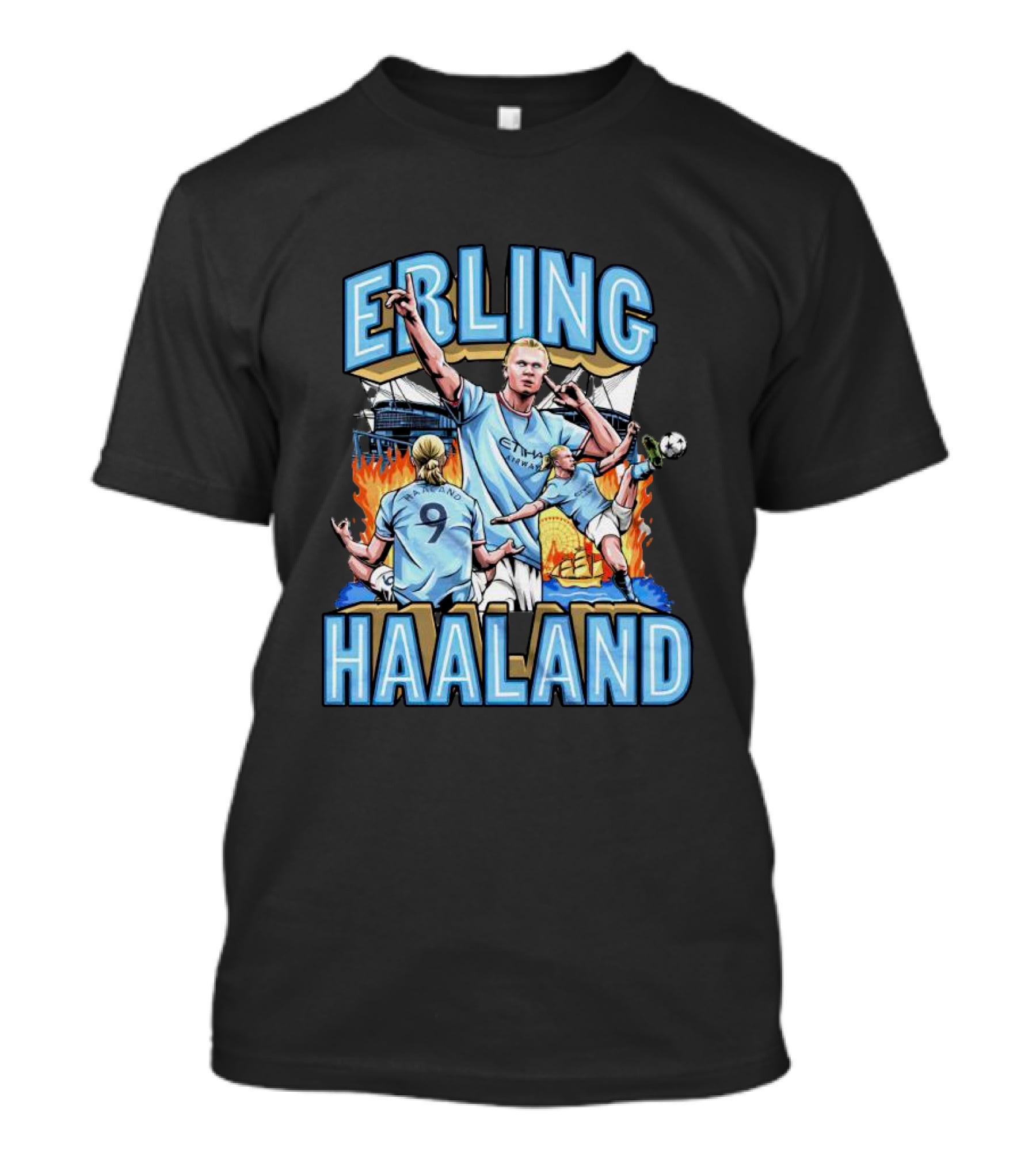 Erling Haaland MCFC Soccer Collage With Fiery Stadium Background T-Shirt