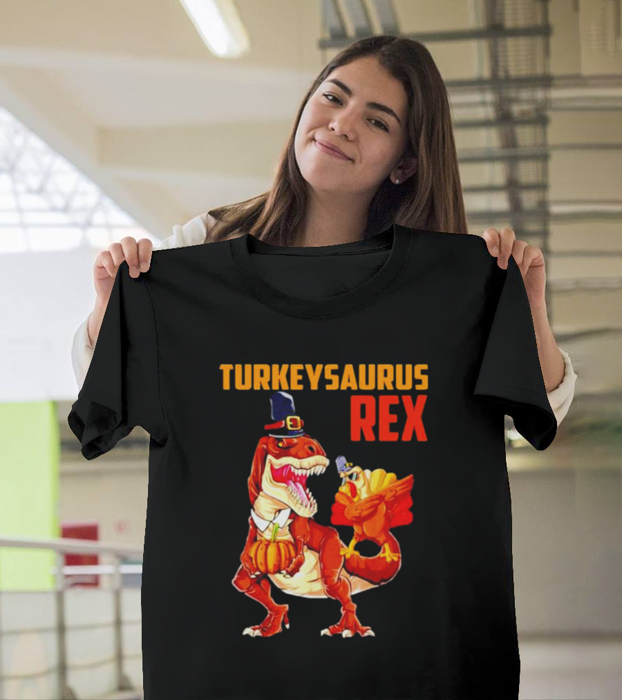 Turkeysaurus Rex Thanksgiving Dinosaur Holding Pumpkin And Turkey With Pilgrim Hat T-Shirt