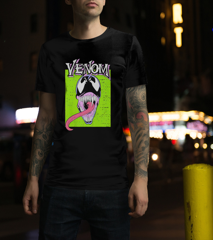 Venom Marvel Neon Pink Tongue Green Background T-Shirt