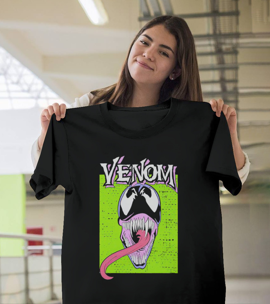 Venom Marvel Neon Pink Tongue Green Background T-Shirt