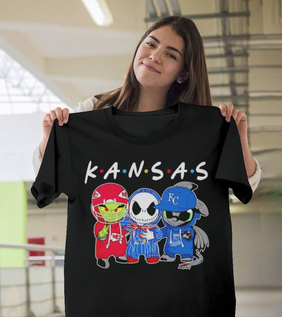 KANSAS Sports Characters Grinch Jack Skellington Toothless Chiefs Royals Jayhawks T-Shirt