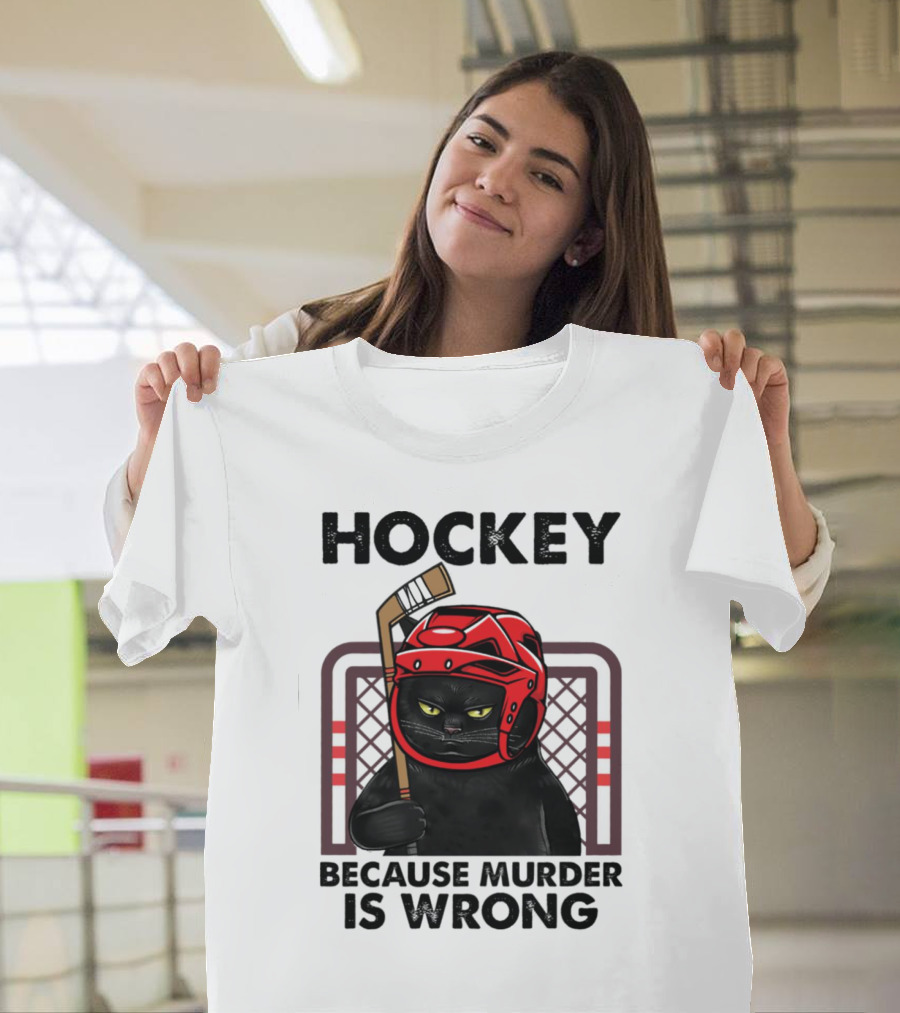 Hockey Cat In Red Helmet Because Murder Is Wrong T-Shirt