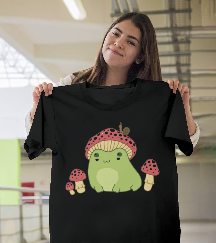 Kawaii Frog Wearing Mushroom Hat with Snail and Red Mushrooms T-Shirt