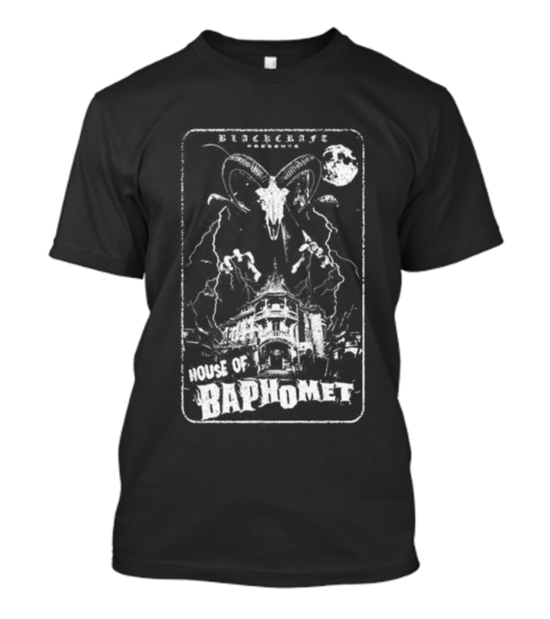 Blackcraft Cult Blackcraft Presents House Of Baphomet Goat Head Lightning Full Moon Dark T-Shirt