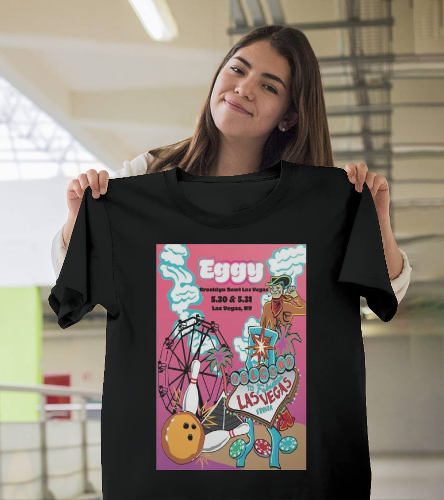Eggy Brooklyn Bowl Las Vegas May 30 and 31 2024 Welcome to Las Vegas Sign Sneaky Bowling Ball Ferris Wheel Cowboy Clouds T-Shirt