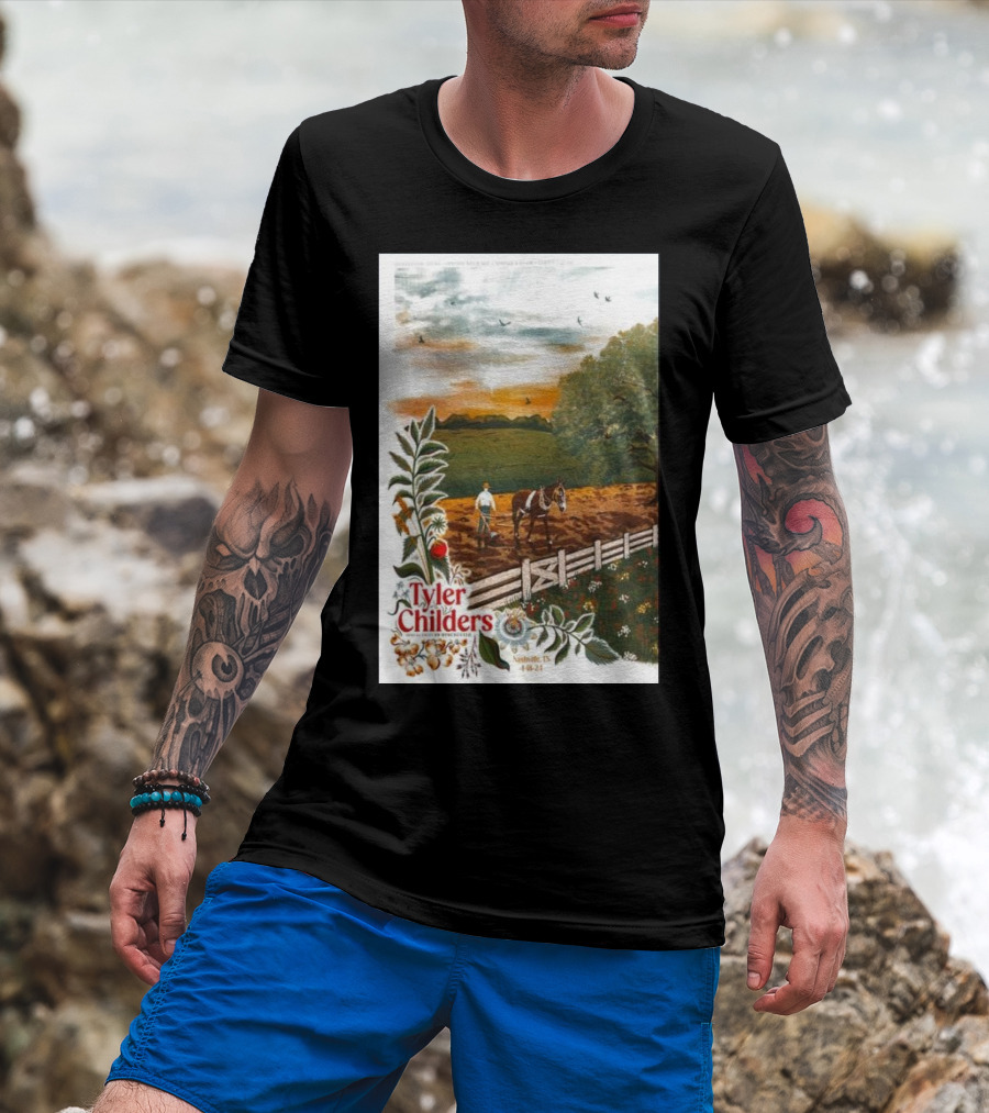 Tyler Childers Nashville TN 4 18 23 Horse Farm Scene With Flowers T-Shirt