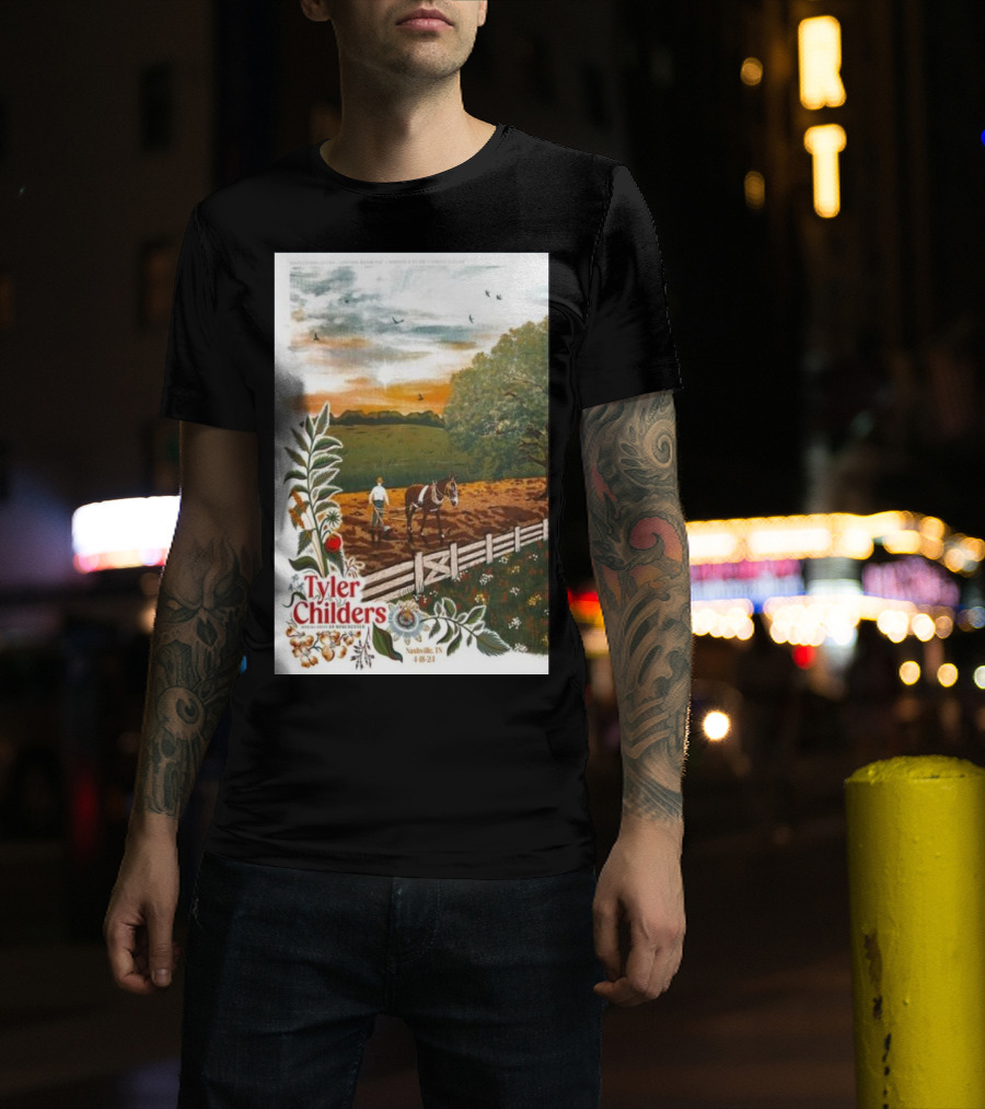 Tyler Childers Nashville TN 4 18 23 Horse Farm Scene With Flowers T-Shirt