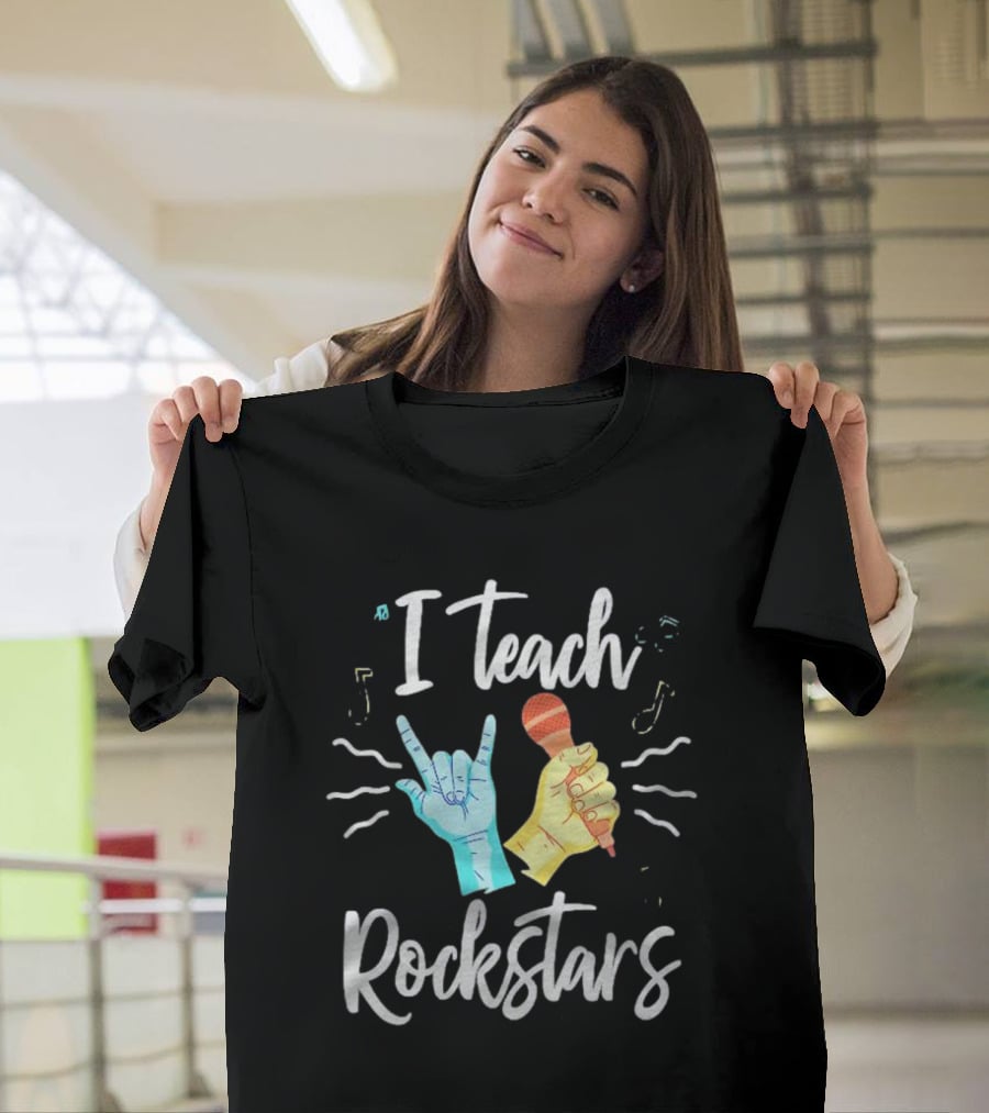 I Teach Rock Stars Music Teacher With Microphone And Rock Hand Gesture T-Shirt