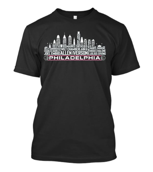 Philadelphia Basketball Legends Skyline Featuring Allen Iverson Joel Embiid Julius Erving T-Shirt