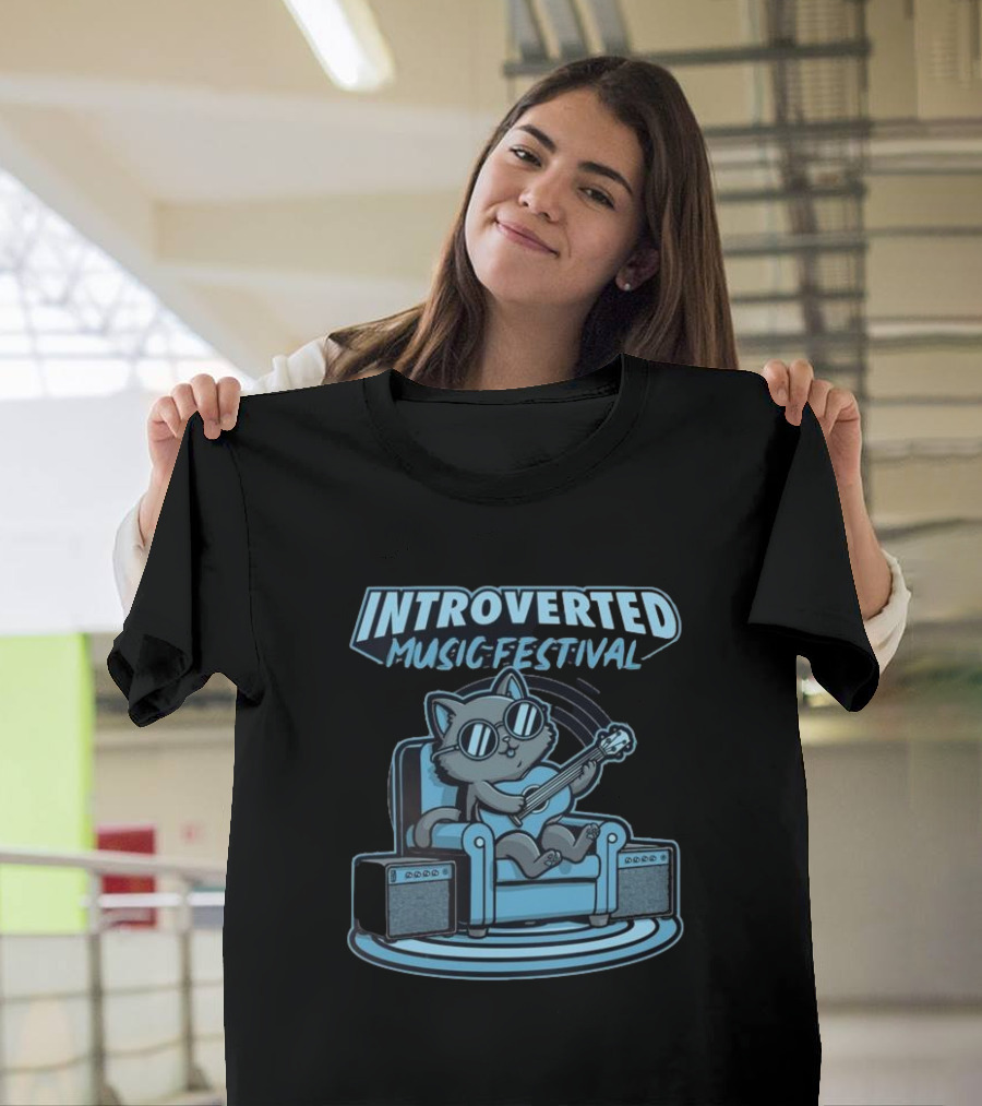 Introverted Music Festival Cat Playing Guitar on Couch with Amplifier T-Shirt