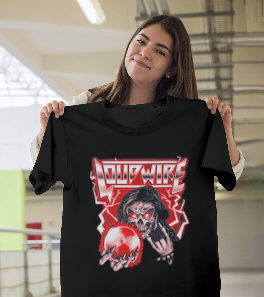 Loudwire 80s Metal Skull And Lightning Sphere Rock Hand T-Shirt