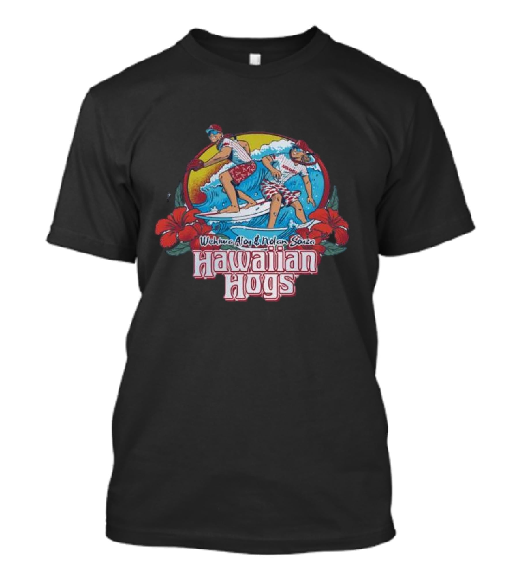 Wehiwa Aloy Nolan Souza Hawaiian Hogs Surfing With Hibiscus Flowers T-Shirt