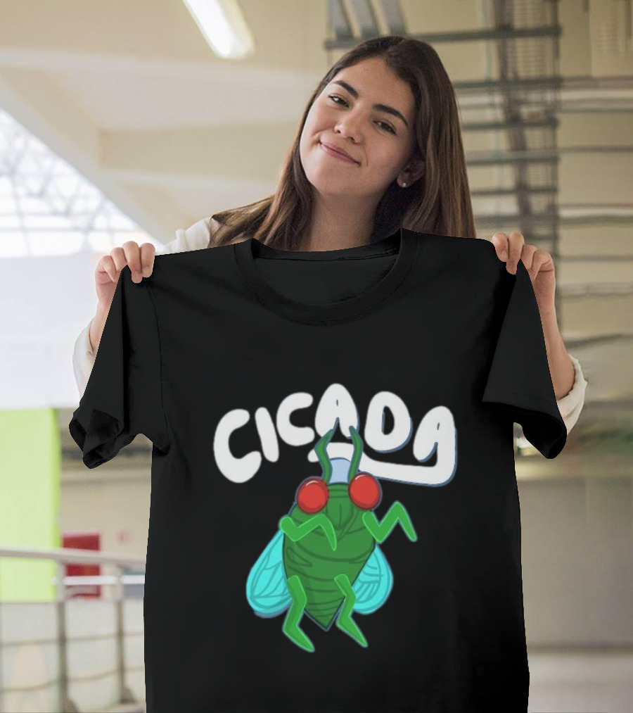 Cicada Cartoon Bug with Green Body and Red Eyes T-Shirt