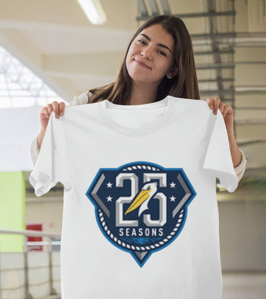 Myrtle Beach Pelicans 25 Seasons Anniversary Logo with Pelican and Stars T-Shirt