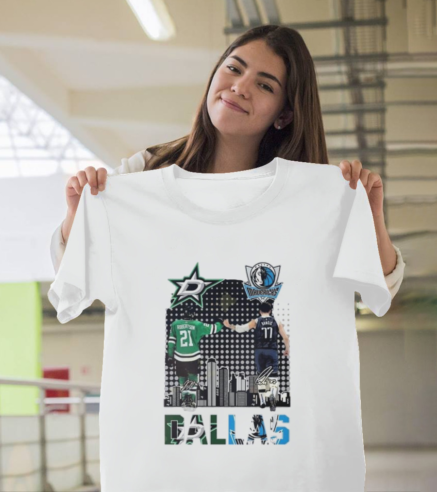 Dallas Stars Mavericks Robertson Doncic Skyline Signatures T-Shirt