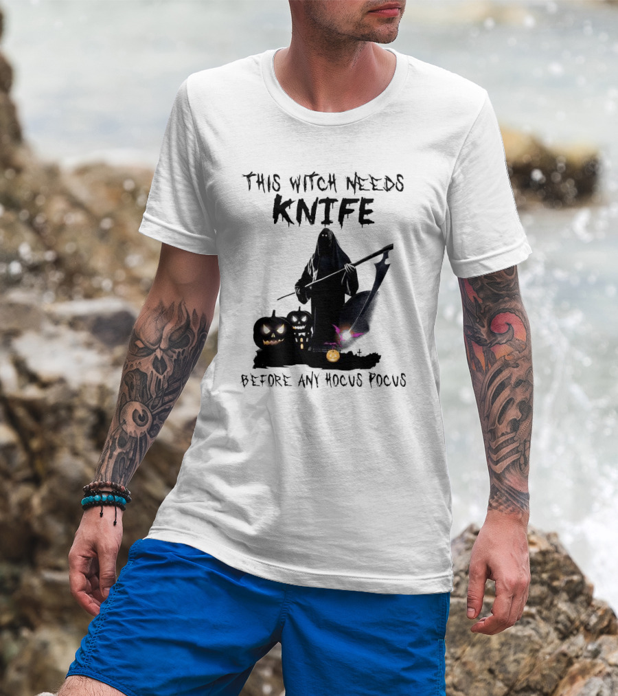 This Witch Needs Knife Before Any Hocus Pocus Halloween Pumpkins Dark Scene T-Shirt