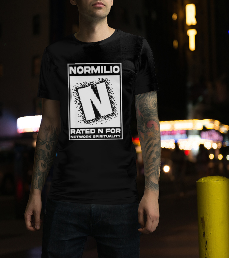Normilio Rated N For Network Spirituality Bold Text Box With Speckled Explosion Background T-Shirt
