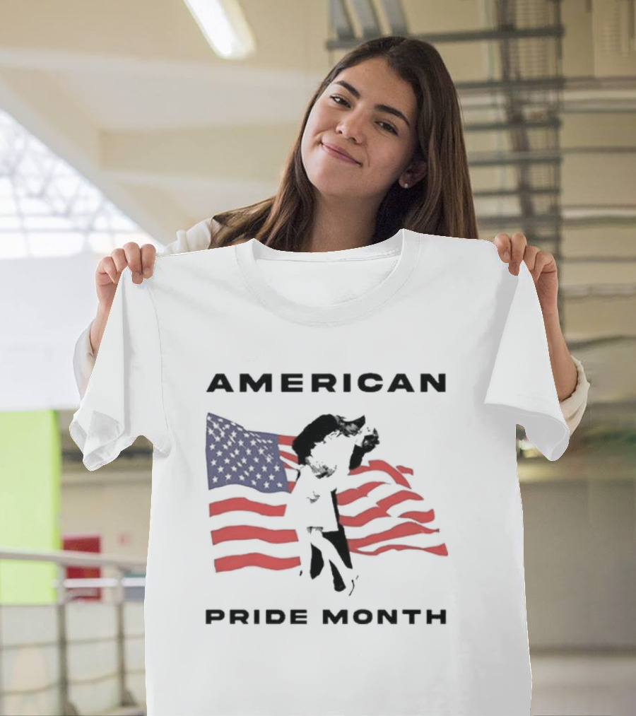 American Pride Month Celebration With Patriotic Flag And Couple Hugging T-Shirt