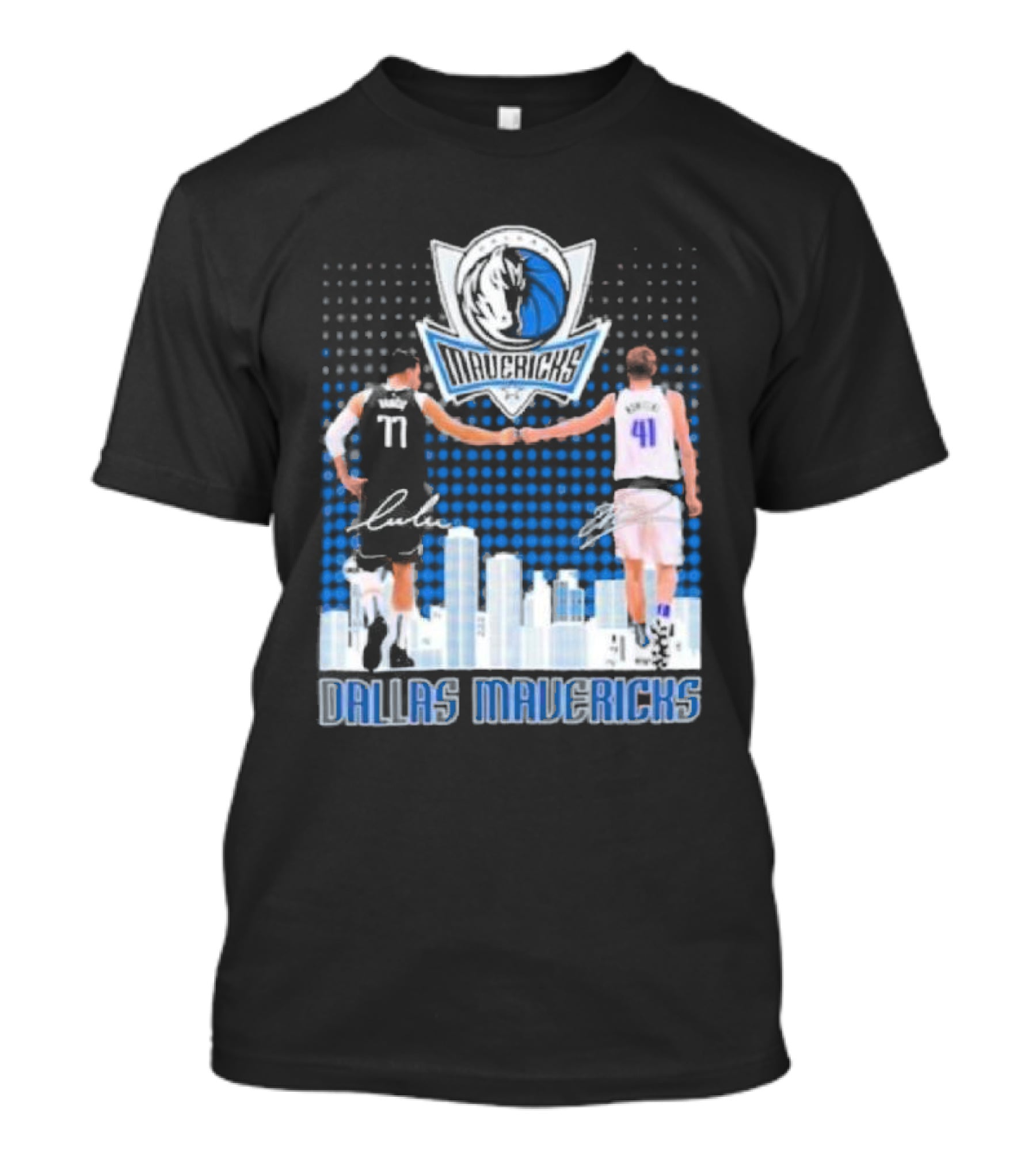Dallas Mavericks Luka Doncic Dirk Nowitzki Handshake Signatures Skyline T-Shirt