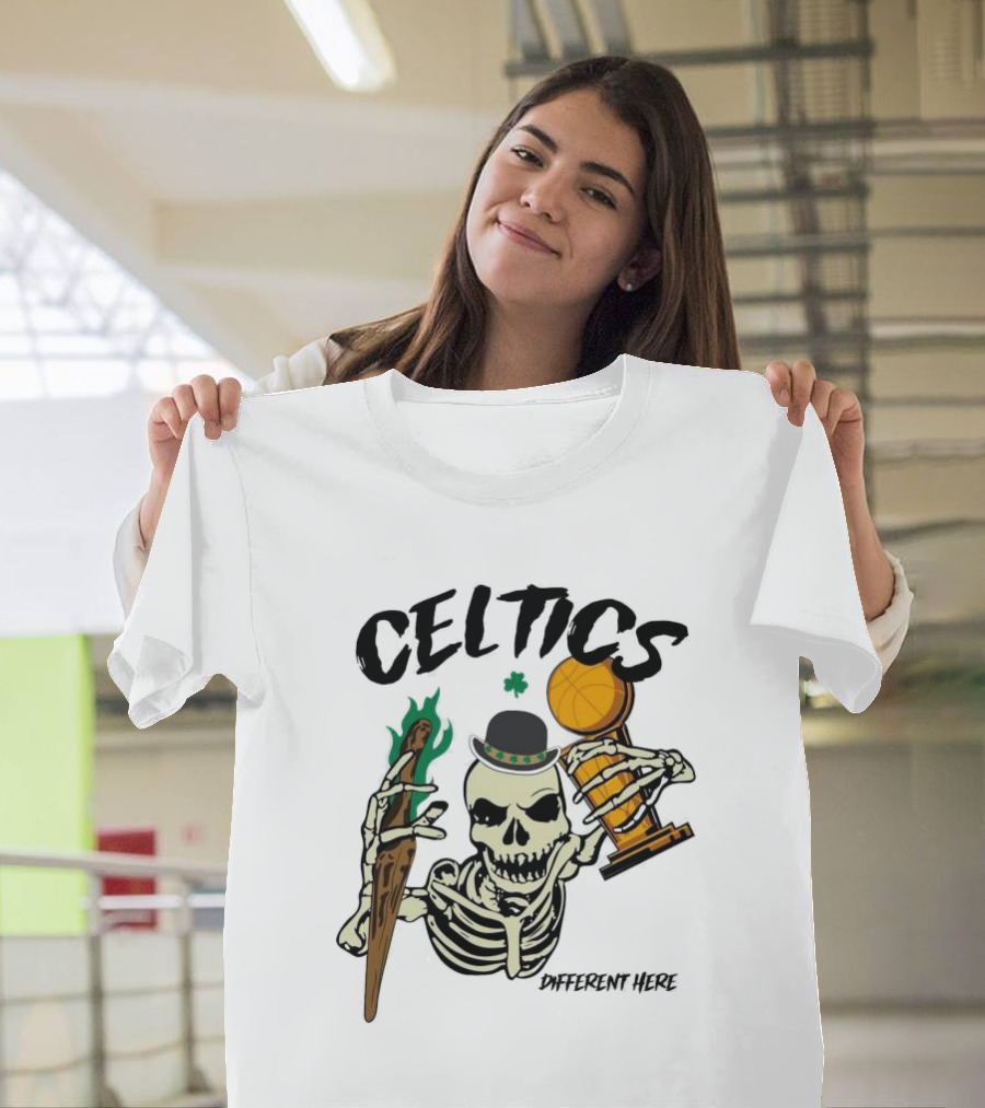 Celtics Skeleton Holding Championship Trophy and Bat with Different Here Text T-Shirt