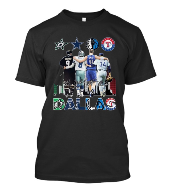 Dallas Stars Cowboys Mavericks Rangers Mike Modano Troy Aikman Dirk Nowitzki Nolan Ryan Signatures T-Shirt