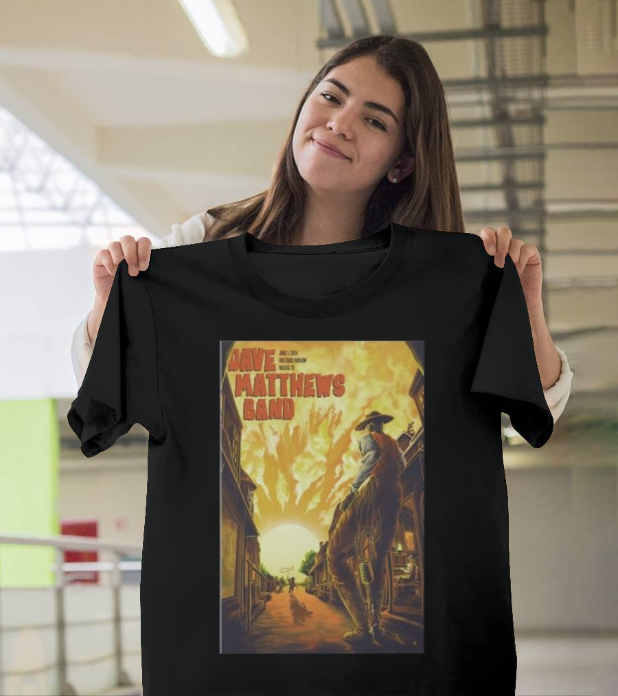 Dave Matthews Band June 1 2024 Dos Equis Pavilion Dallas TX Cowboy Fire Sunset Scene T-Shirt