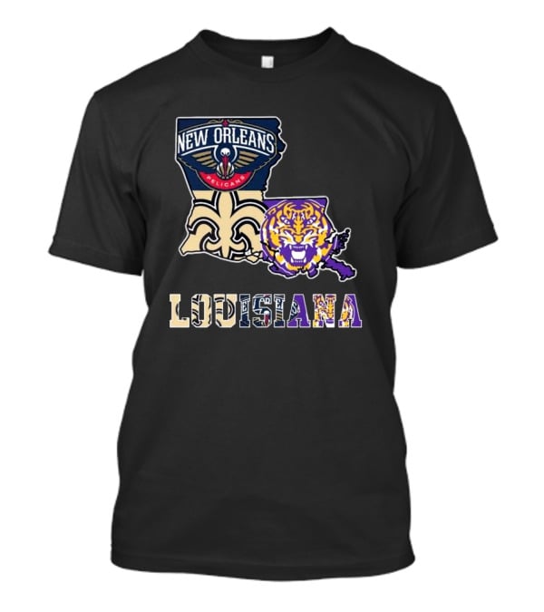 New Orleans Pelicans Tigers Saints Louisiana Map T-Shirt