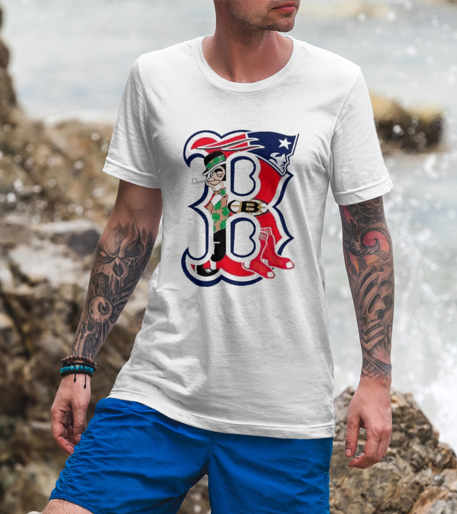 Boston Red Sox B Mashup With Patriots Bruins Celtics Symbols T-Shirt