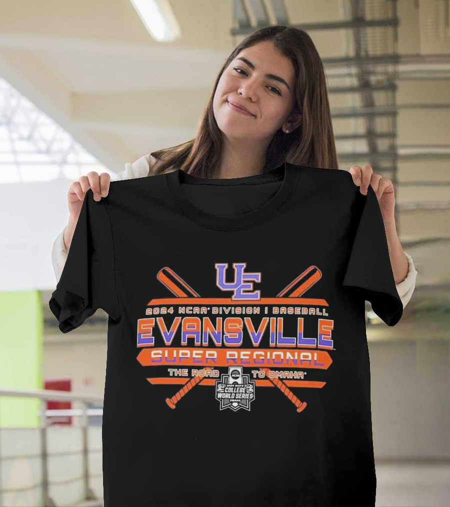 UE Evansville Purple Aces 2024 NCAA Division I Baseball Super Regional The Road to Omaha College World Series T-Shirt