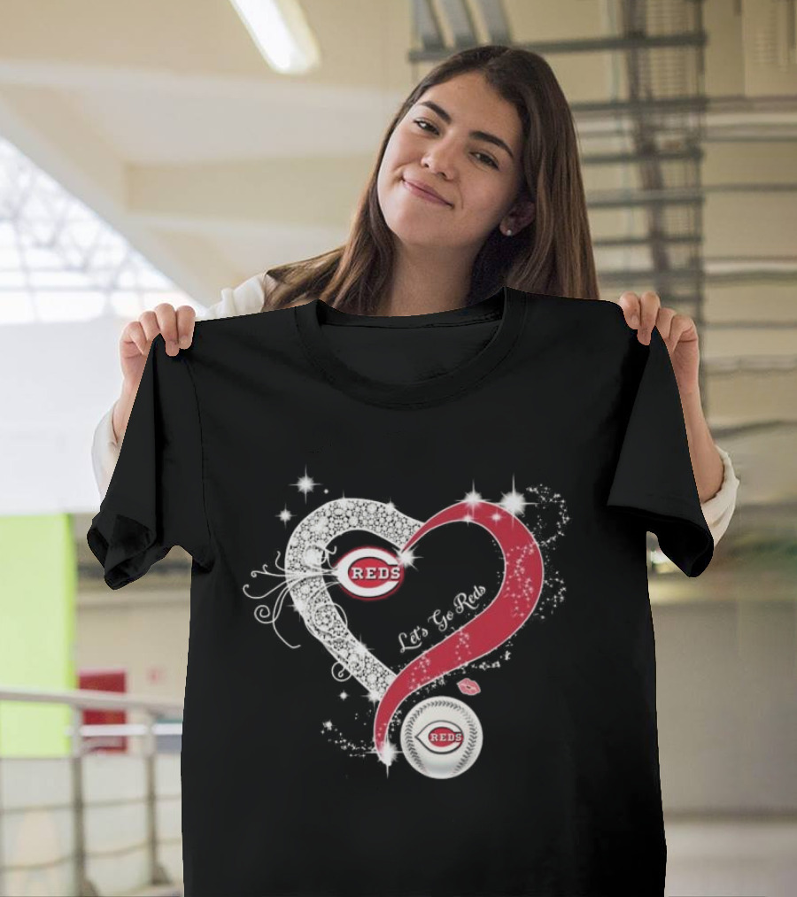 Cincinnati Reds Heart Emblem Let's Go Reds Sparkling T-Shirt